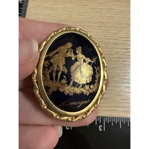 Vintage Limoges French Porcelain Brooch Cobalt Blue Gold Courting Couple Pin